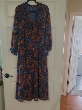 Floral V-Neck Long Sleeve Maxi Dress - Blue Floral